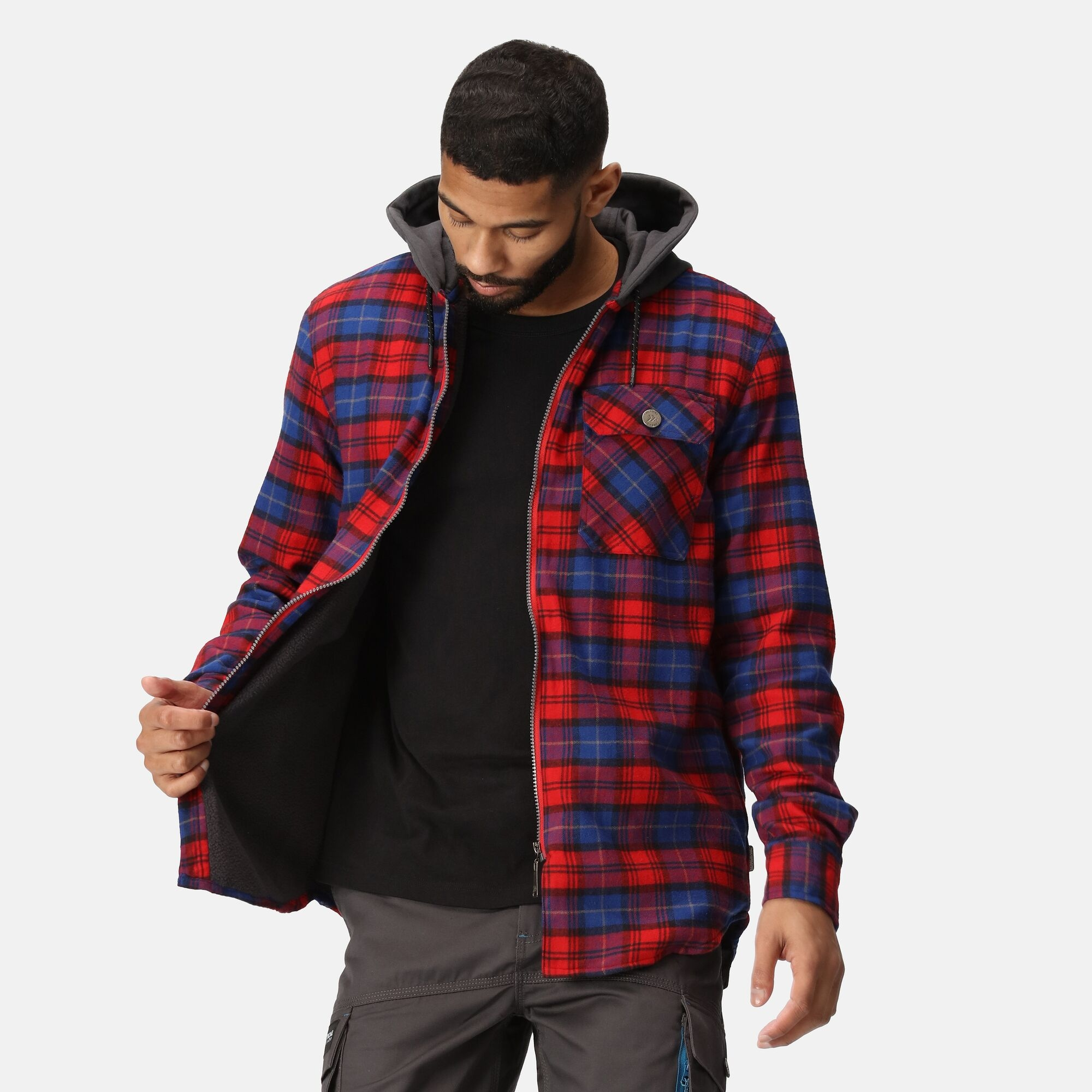 TRS205 Men’s Siege Hooded Shirt Jacket – Navy Check Cotton