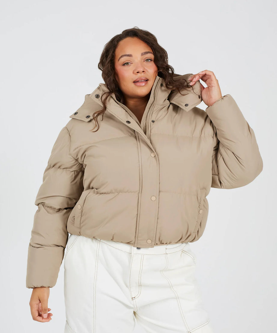 PLUS SIZE TAUPE SHORT PADDED PUFFER JACKET