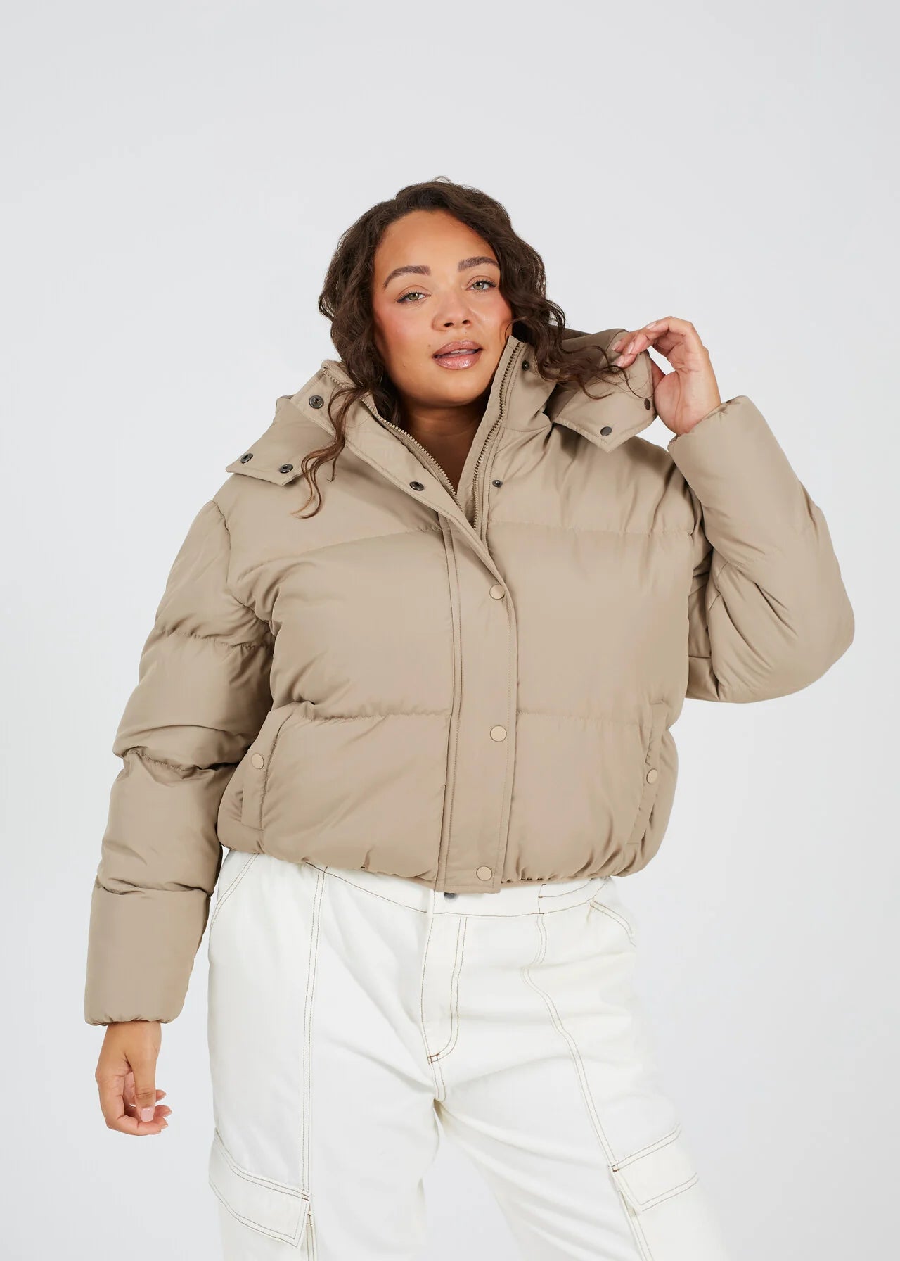 PLUS SIZE TAUPE SHORT PADDED PUFFER JACKET