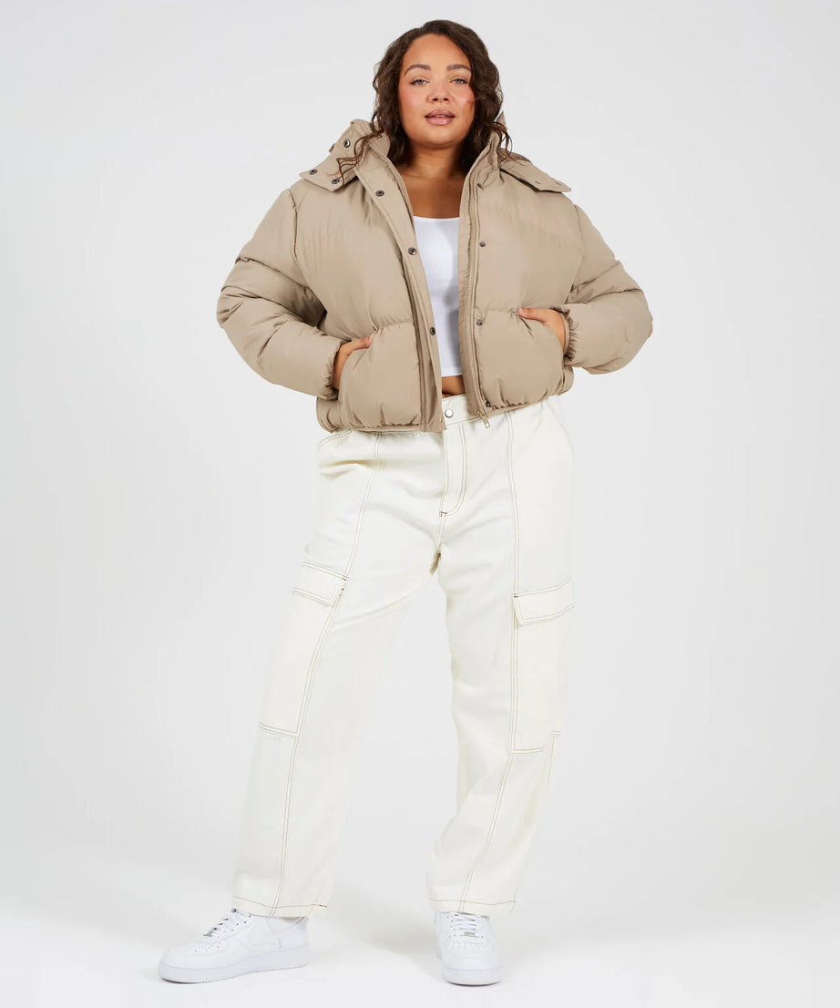 PLUS SIZE TAUPE SHORT PADDED PUFFER JACKET