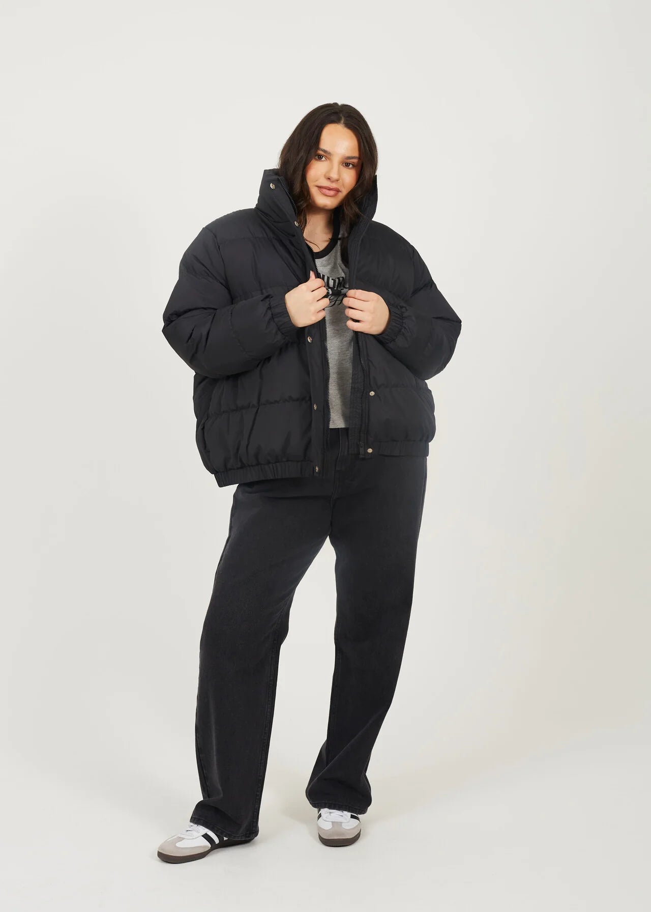 PLUS SIZE BLACK HOODED PUFFER JACKET