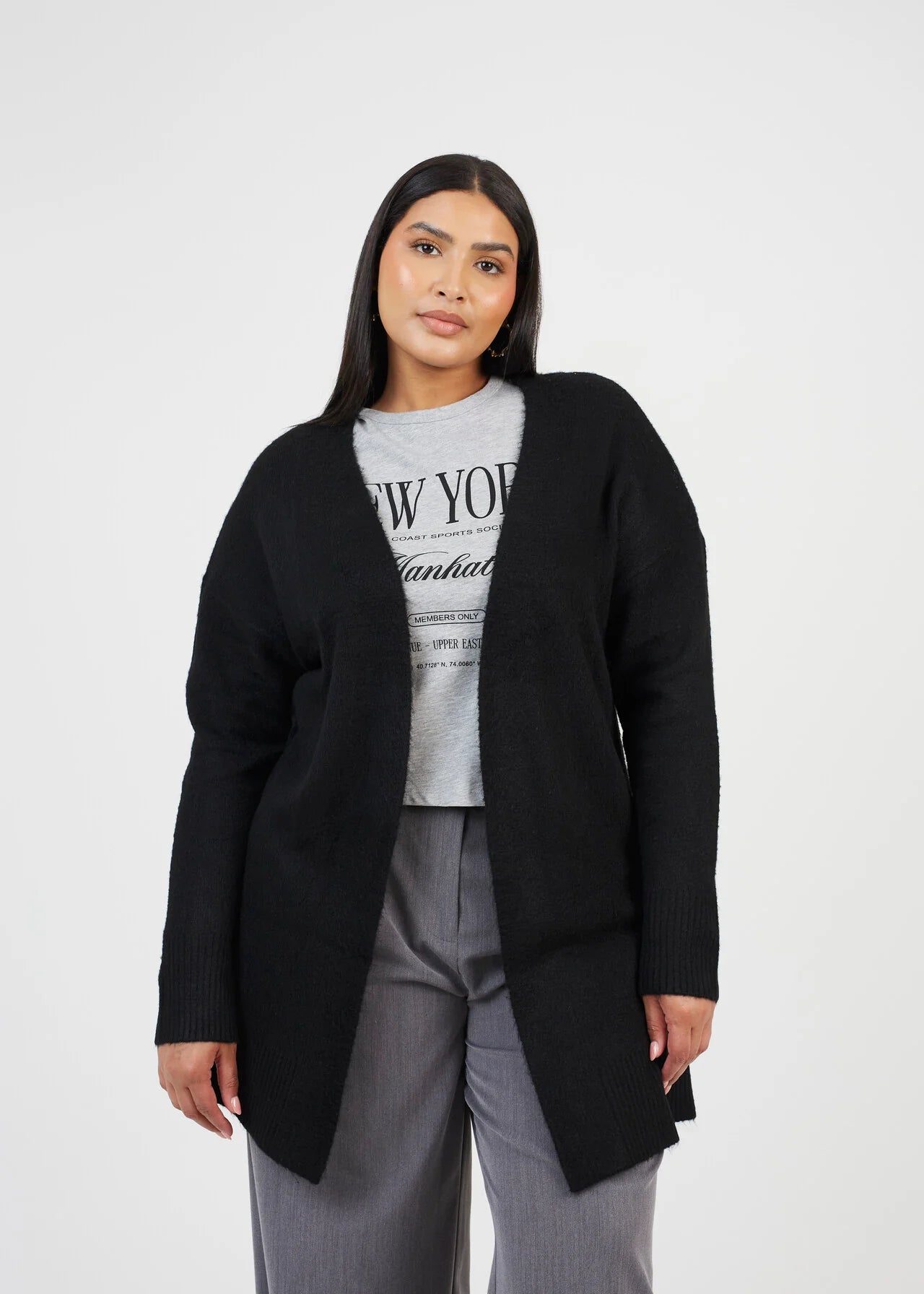 PLUS SIZE DROPPED SHOULDER CARDIGAN, BLACK