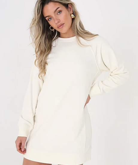 Brave Soul Cream Mini Jumper Dress – Long Sleeve, Seam Detail
