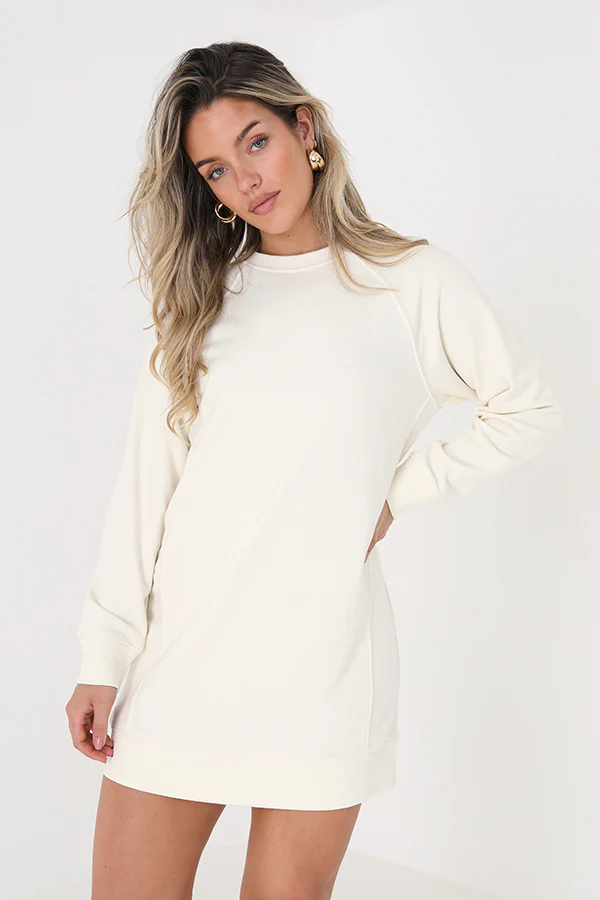 Brave Soul Cream Mini Jumper Dress – Long Sleeve, Seam Detail