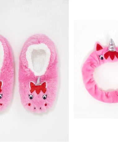 FLUFFY PINK UNICORN SLIPPER & HEADBAND GIFT SET ONE SIZE