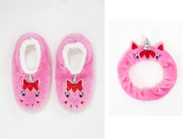 FLUFFY PINK UNICORN SLIPPER & HEADBAND GIFT SET ONE SIZE