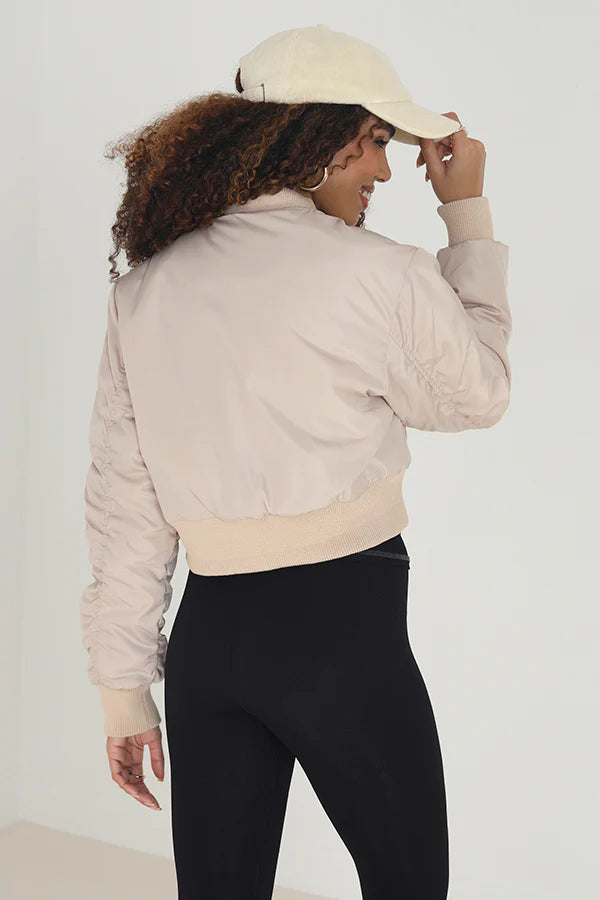 STONE ZIP THROUGH CROPPED BOMBER STYLE JACKET