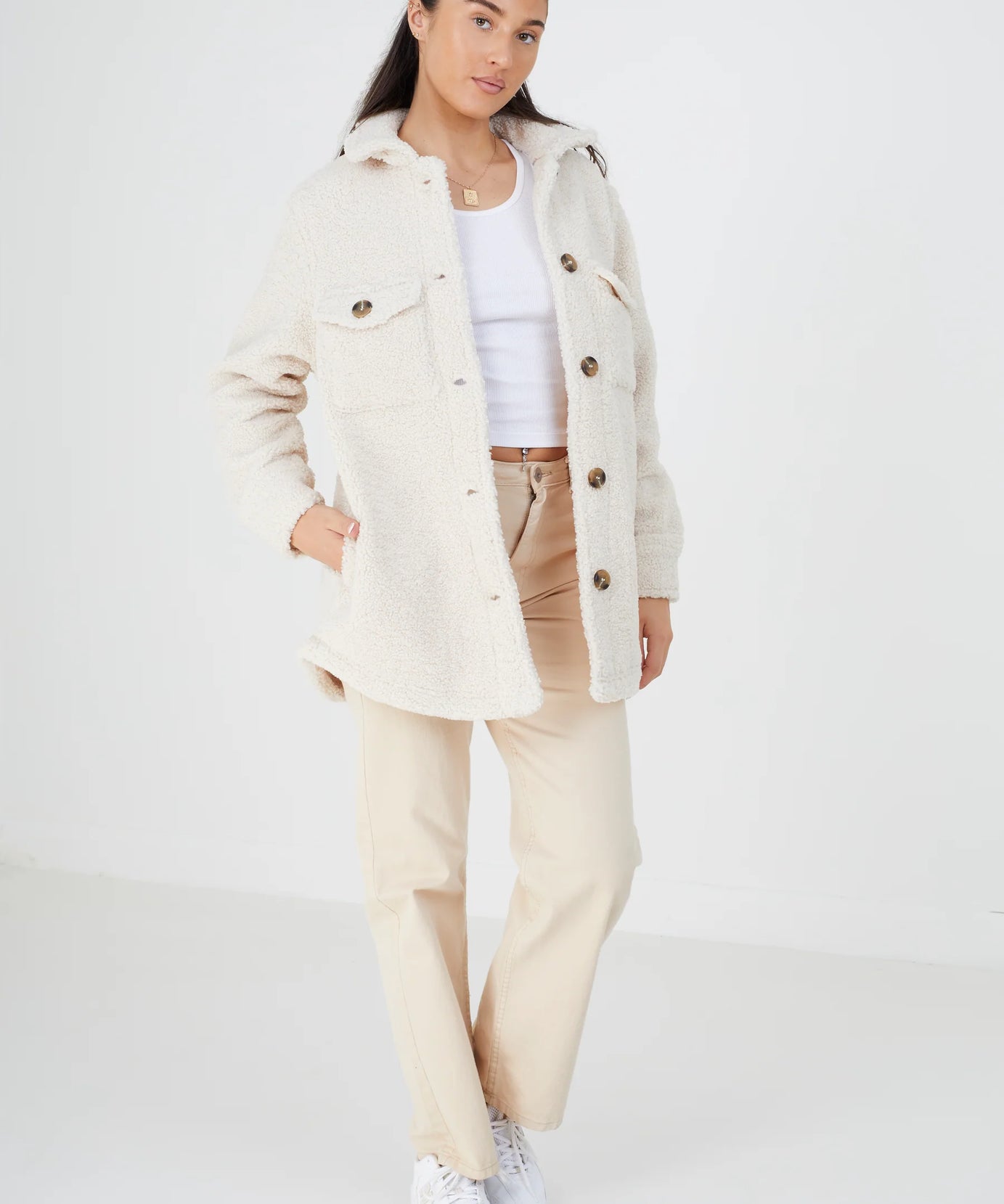 OVERSIZED FAUX FUR BUTTON THROUGH SHACKET