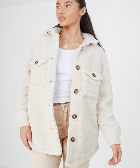 OVERSIZED FAUX FUR BUTTON THROUGH SHACKET