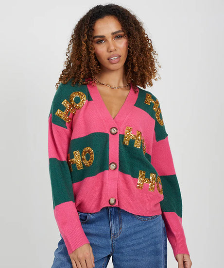 CHRISTMAS STRIPE CARDIGAN WITH SEQUIN APPLIQUE