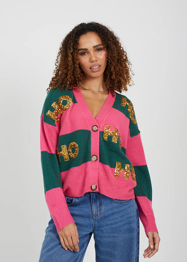 CHRISTMAS STRIPE CARDIGAN WITH SEQUIN APPLIQUE