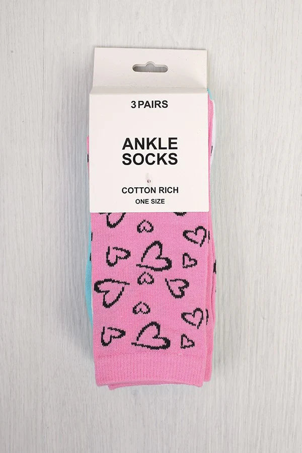 THREE PACK HEART DESIGN ANKLE SOCKS