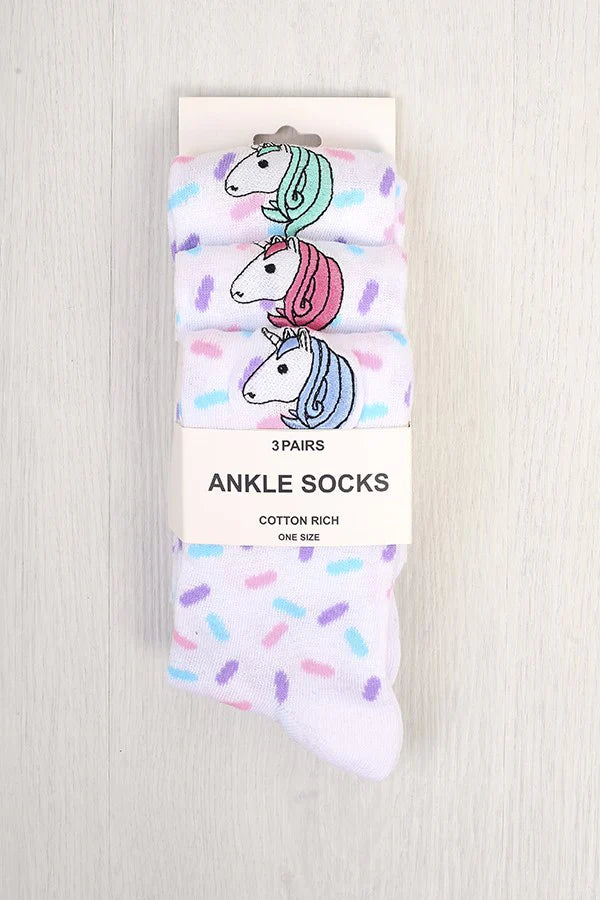 SPRINKLE DESIGN UNICORN EMBROIDERY THREE PACK SOCKS