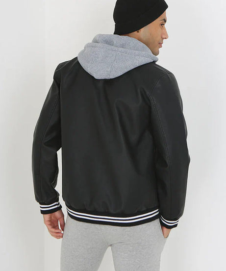 BLACK JERSEY HOODED VARSITY STYLE JACKET