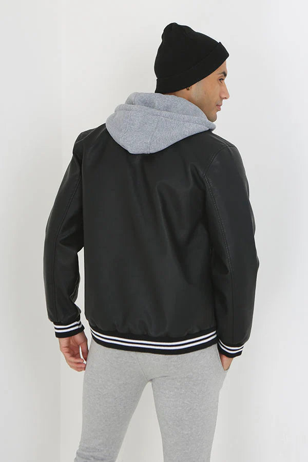 BLACK JERSEY HOODED VARSITY STYLE JACKET