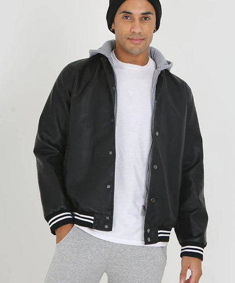 BLACK JERSEY HOODED VARSITY STYLE JACKET