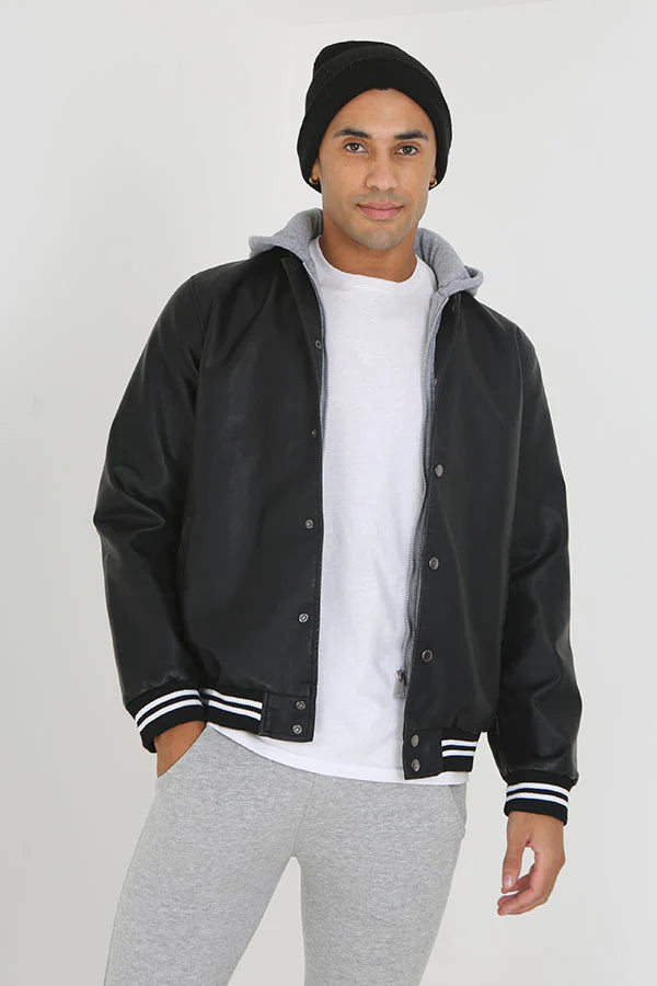 BLACK JERSEY HOODED VARSITY STYLE JACKET